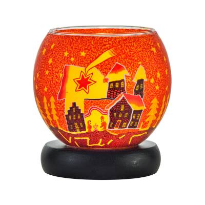 Leuchtglas Lampe 11cm Nr.346 Sternschnuppe über Winterdorf, Rottöne, elektrisch betrieben - 0