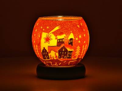 Leuchtglas Lampe 11cm Nr.346 Sternschnuppe über Winterdorf, Rottöne, elektrisch betrieben - 1