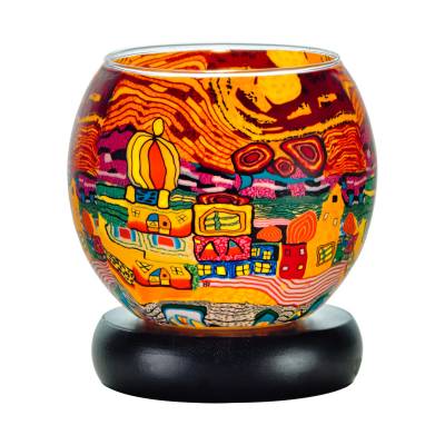 Leuchtglas Lampe 11cm Nr.455 Städtchen bunt, elektrisch betrieben - 0