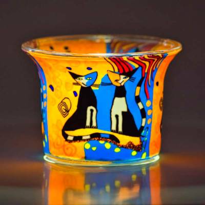 Votiv-Glas 111 Katzen blau / rot - 1