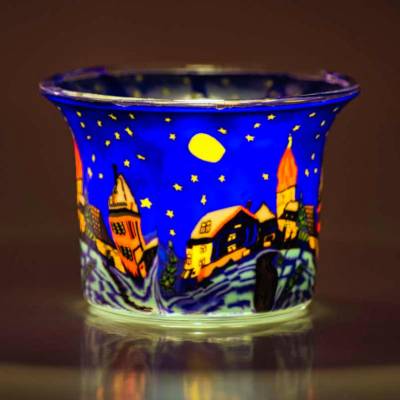 Votiv-Glas 176 Dorf bei Nacht mit Kirche - 1