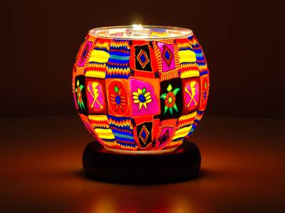 Leuchtglas Lampe 11cm Nr.12 Patchwork, farbenfrohe Motive, elektrisch betrieben - 1