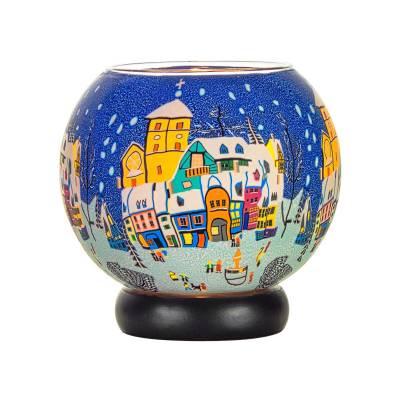 Leuchtglas Lampe 15cm Nr.68 verschneiter Marktplatz, elektrisch betrieben - 0