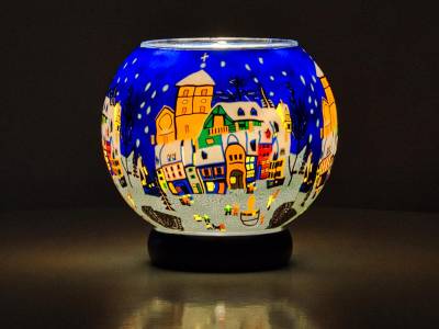 Leuchtglas Lampe 15cm Nr.68 verschneiter Marktplatz, elektrisch betrieben - 1