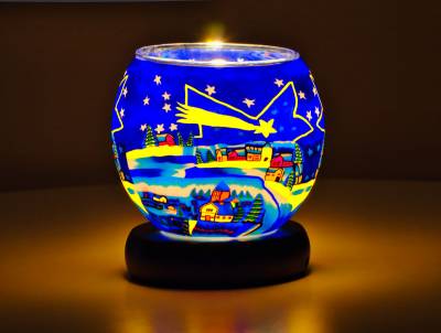 Leuchtglas Lampe 11cm Nr.66 Sternschnuppe über Winterdorf, elektrisch betrieben - 1